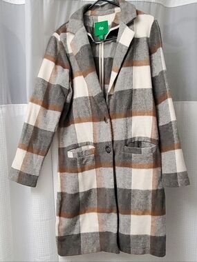 Dip Plaid Long Trench Coat in Gray, Brown & Cream